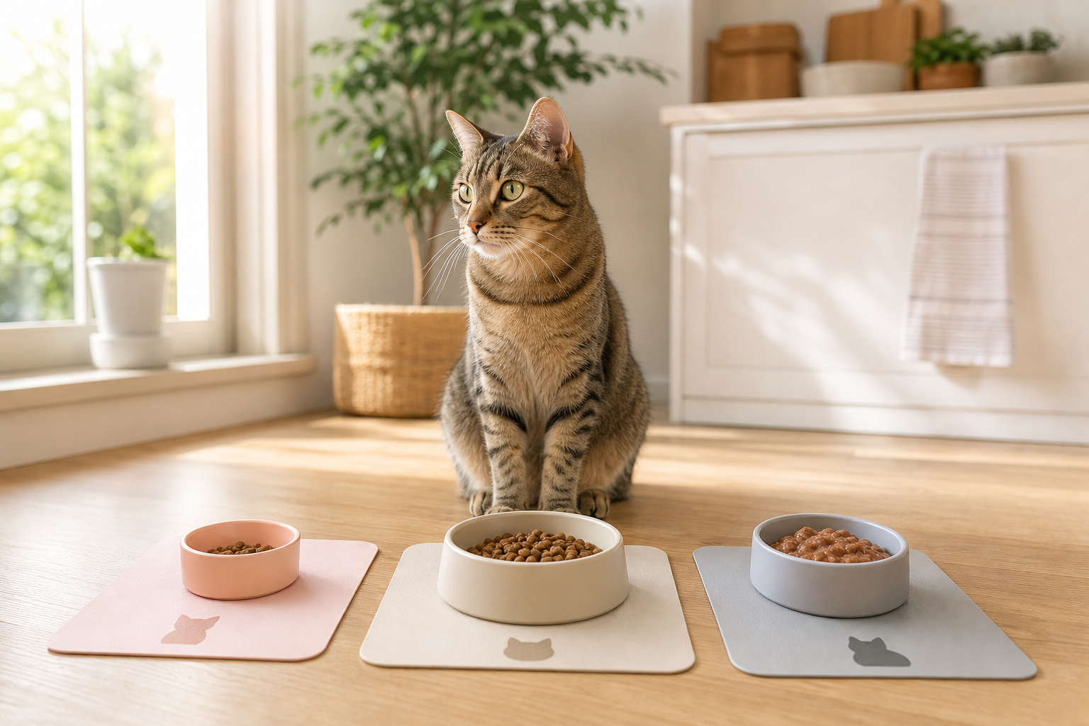 Adult cat beside a clean feeding station arranged to suggest kitten, adult, and senior meal routines.