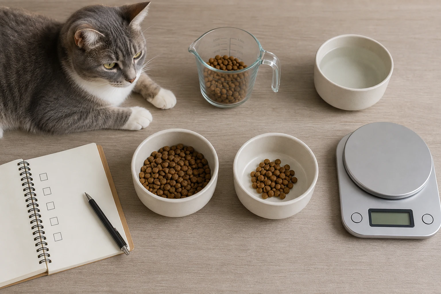 Cat beside measured food bowls, a water bowl, a scale, and a simple feeding checklist on a clean table.