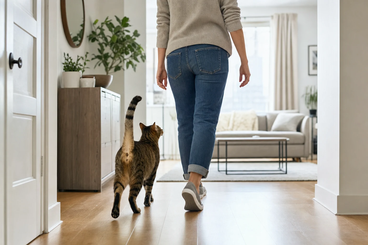 Relaxed tabby cat walking closely behind its caregiver through a bright home