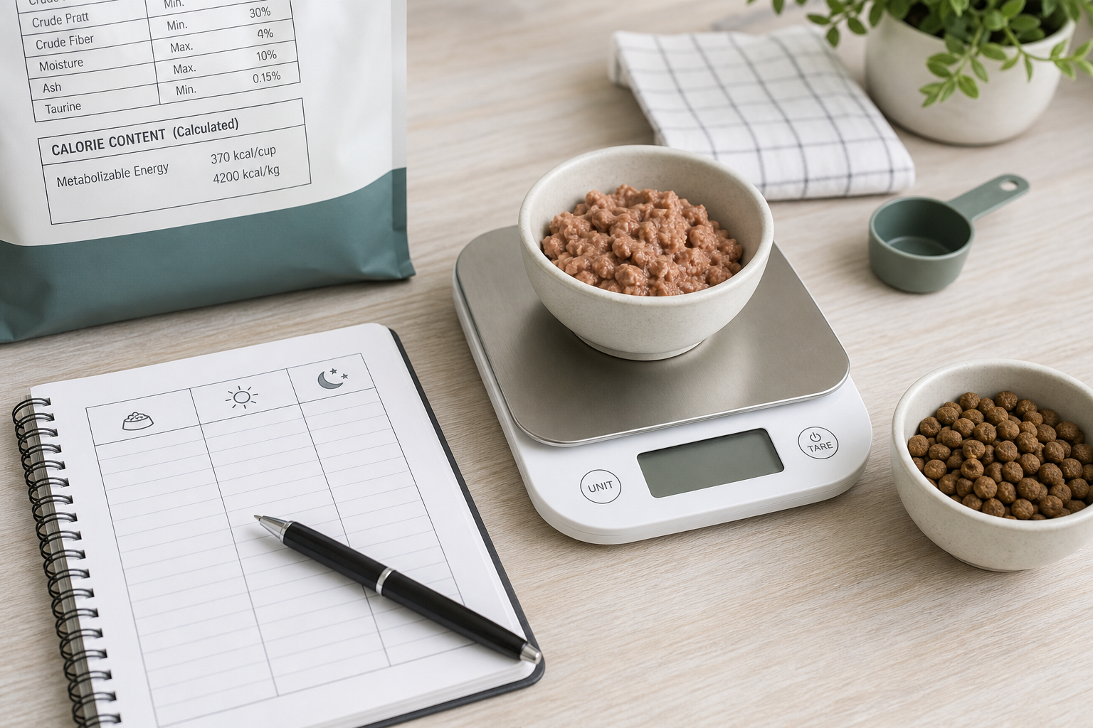 Cat food calorie label, feeding log, scale, and measured wet and dry food portions.