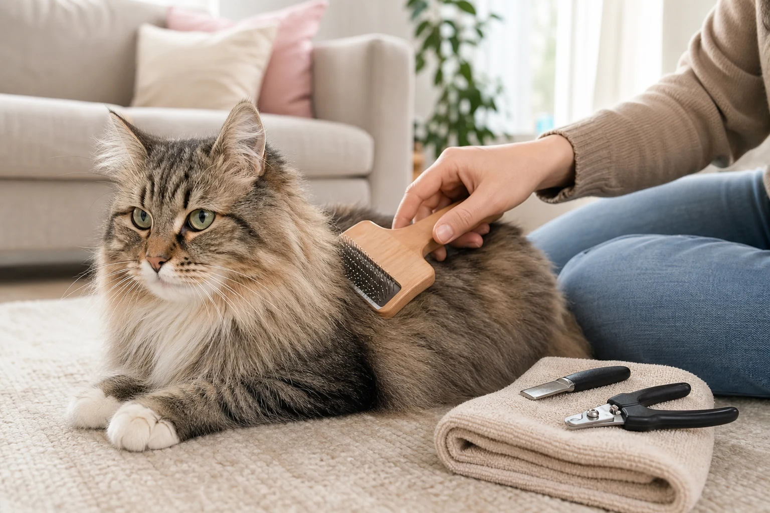 Relaxed longhaired tabby cat being gently brushed beside cat grooming tools