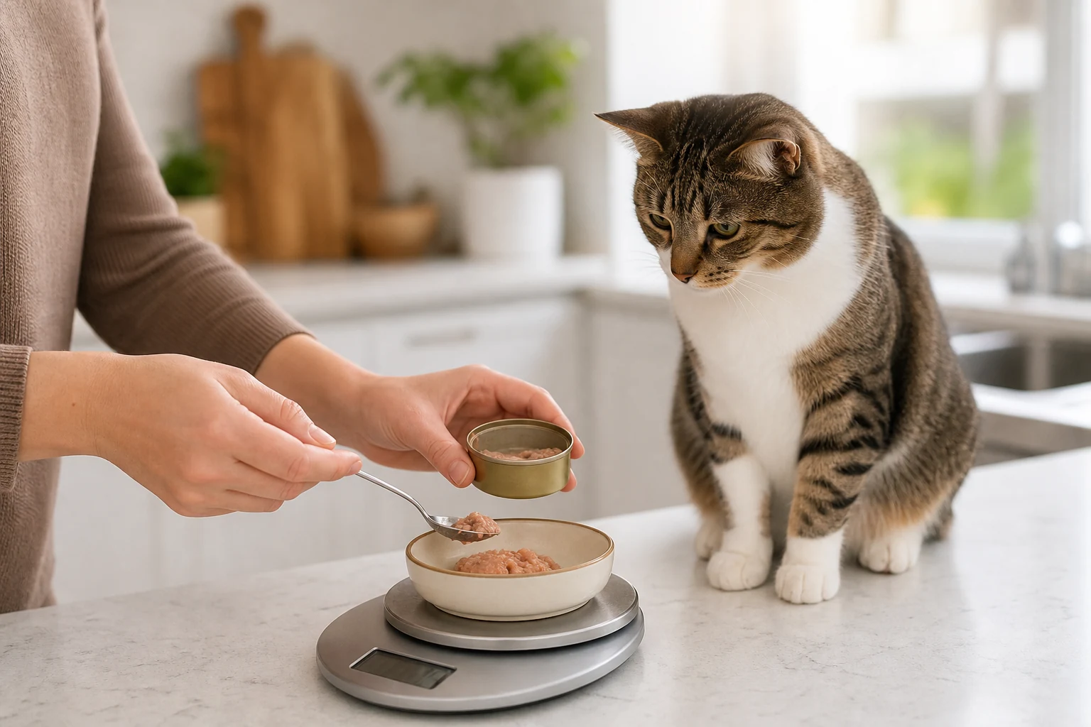 Adult cat watching calmly while a cat parent measures a meal portion on a kitchen scale.