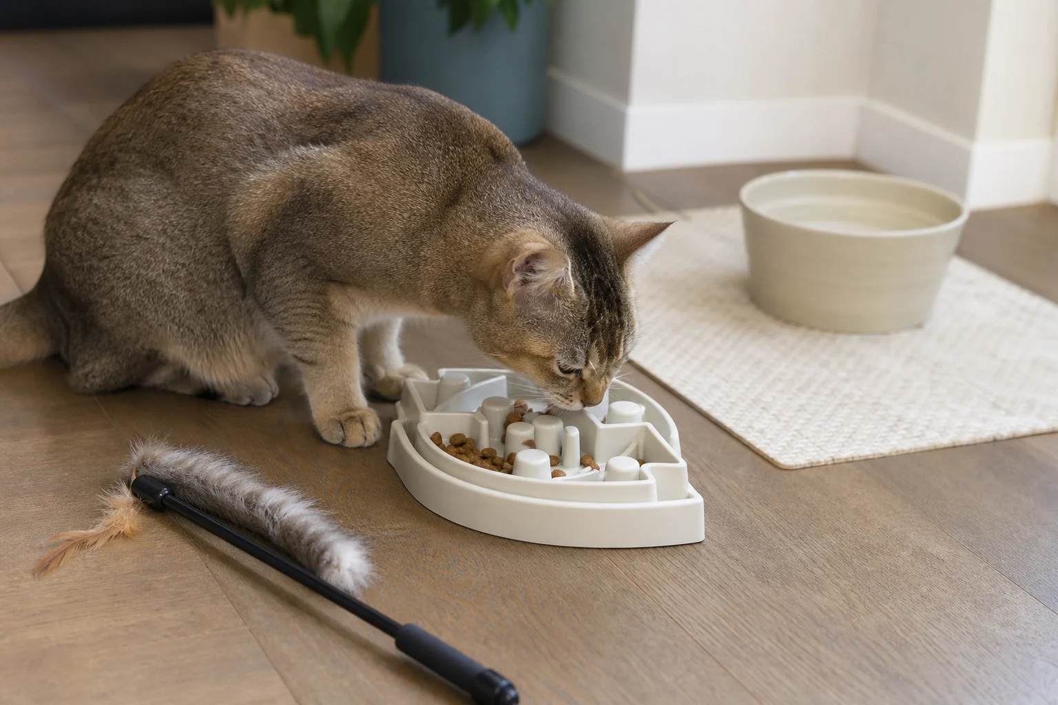 Cat eating from a puzzle feeder after a wand toy play session