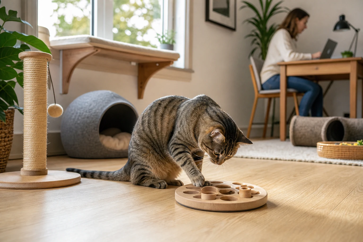 Cat independently using a puzzle feeder in a choice-rich living room