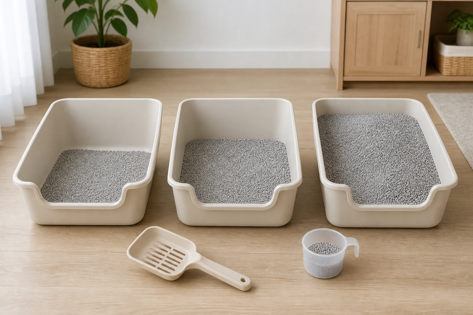 Three clean litter boxes showing different litter depths