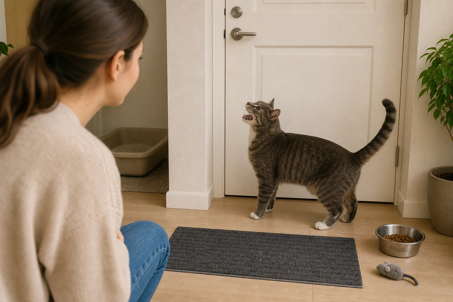 An alert cat meowing near an apartment door while the owner observes body language and household clues.