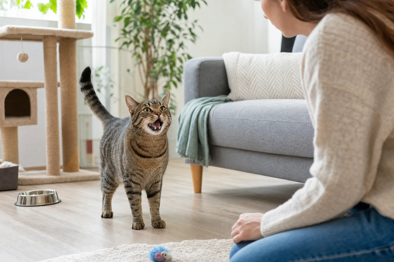 A vocal tabby cat meowing near a sofa while a cat parent listens calmly in a bright living room.