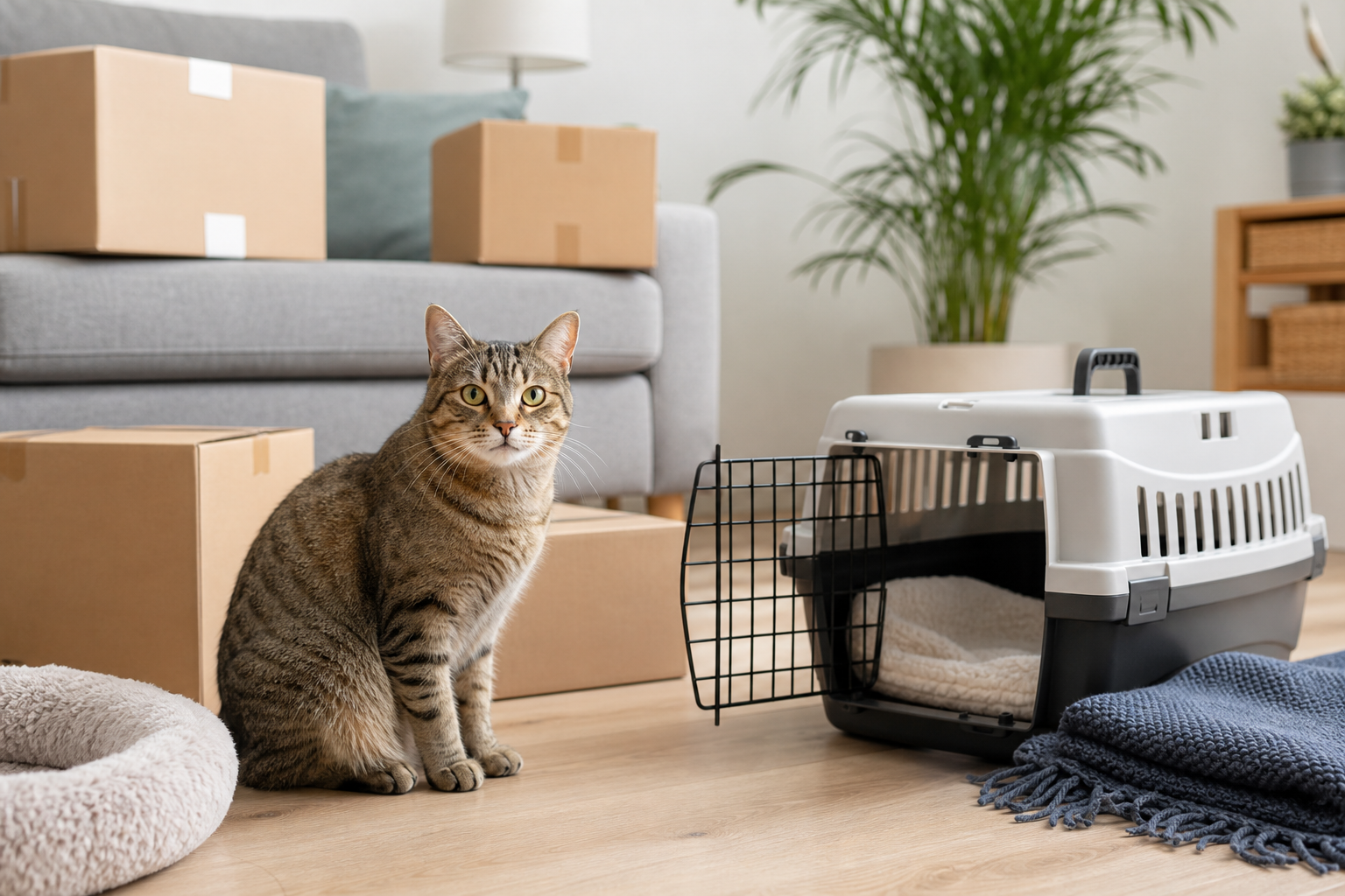 A calm cat sitting beside an open carrier and familiar blanket near moving boxes in a bright living room.