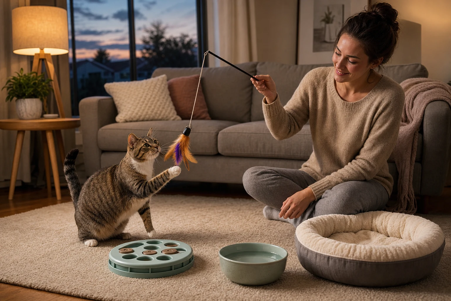 A cat playing with a wand toy beside a puzzle feeder, water bowl, and cat bed during a calm evening routine.