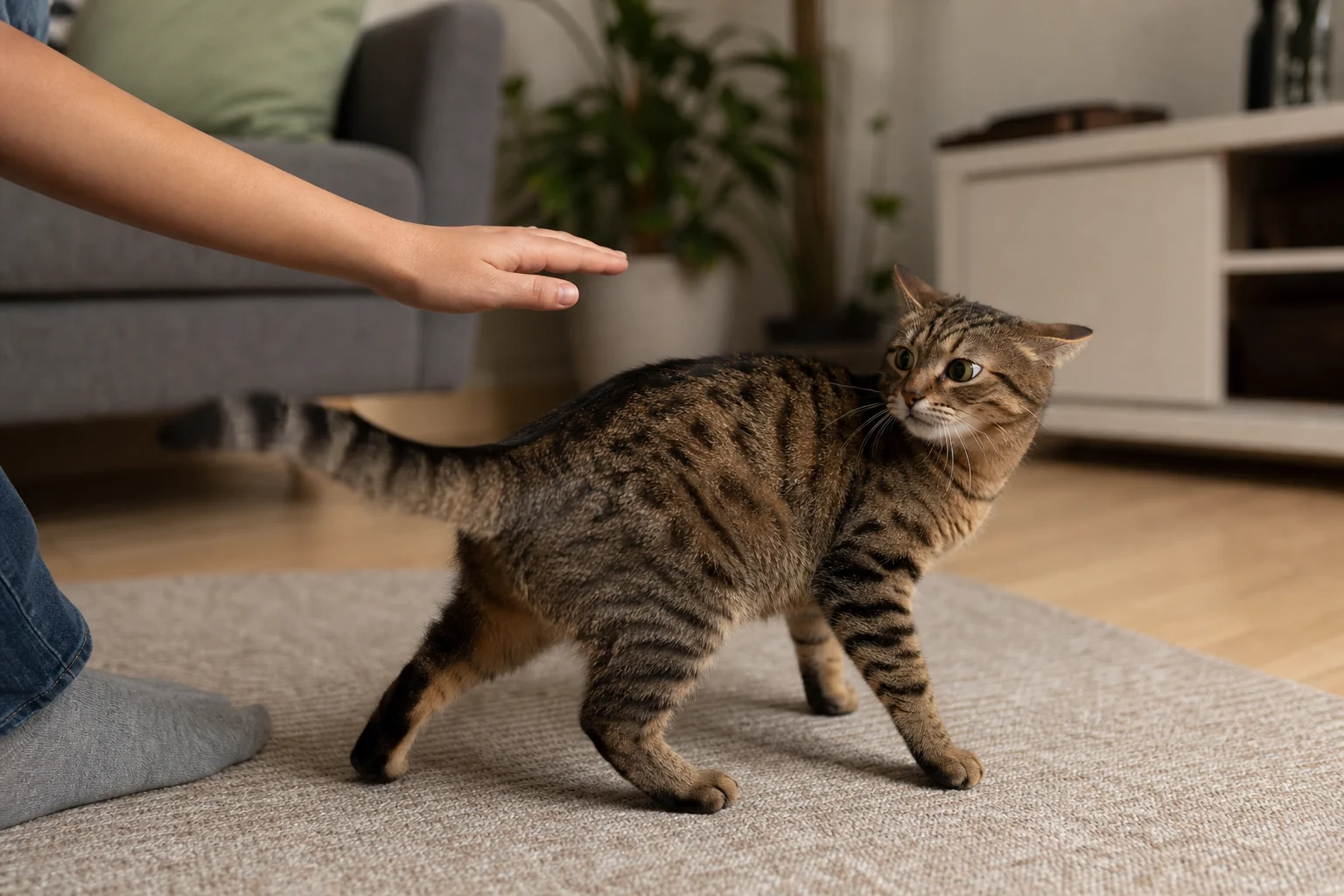 A tabby cat with a tense tail and alert eyes steps away from a paused hand in a living room.