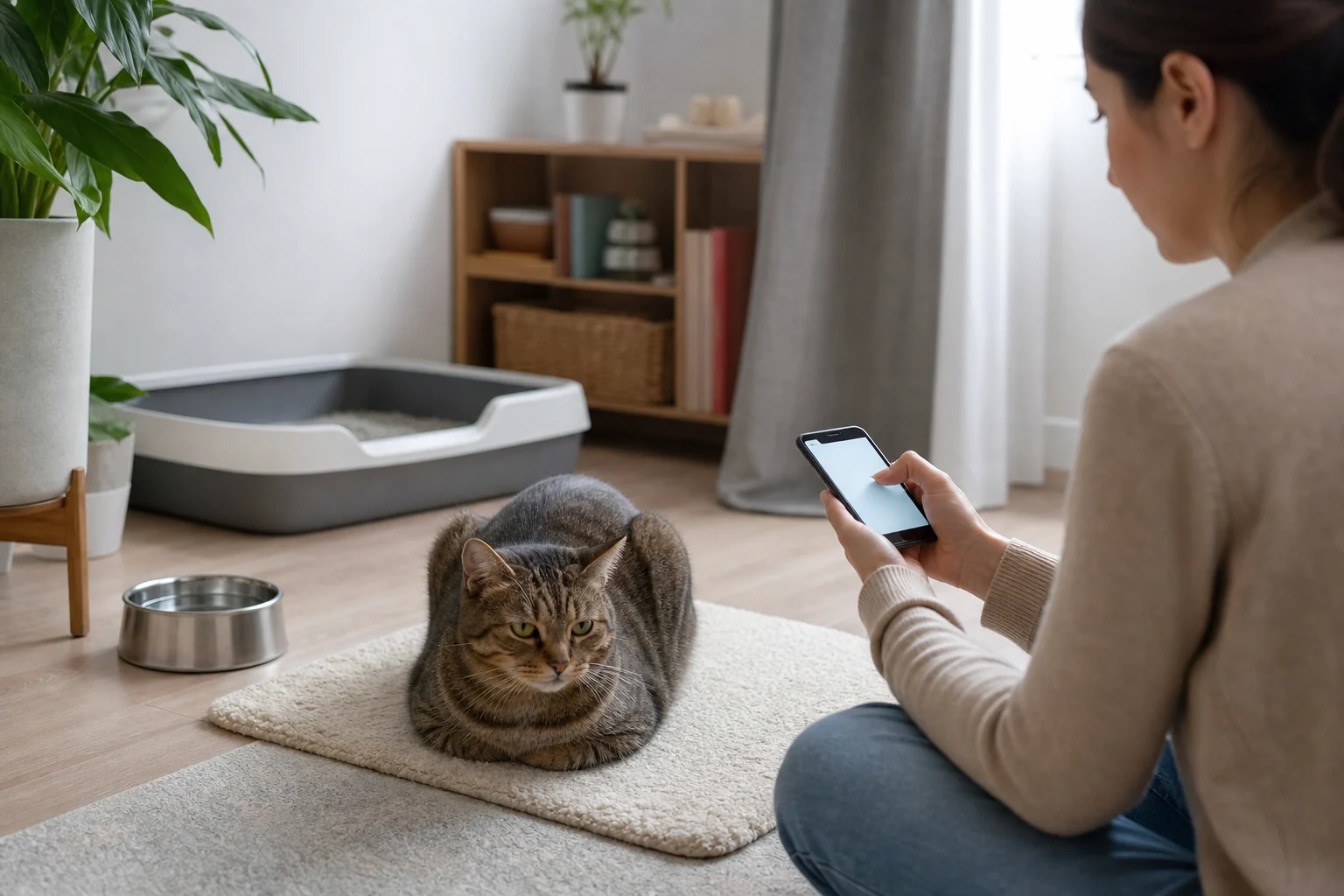 A cat parent records observations while a cat rests near a litter box and water bowl at home.