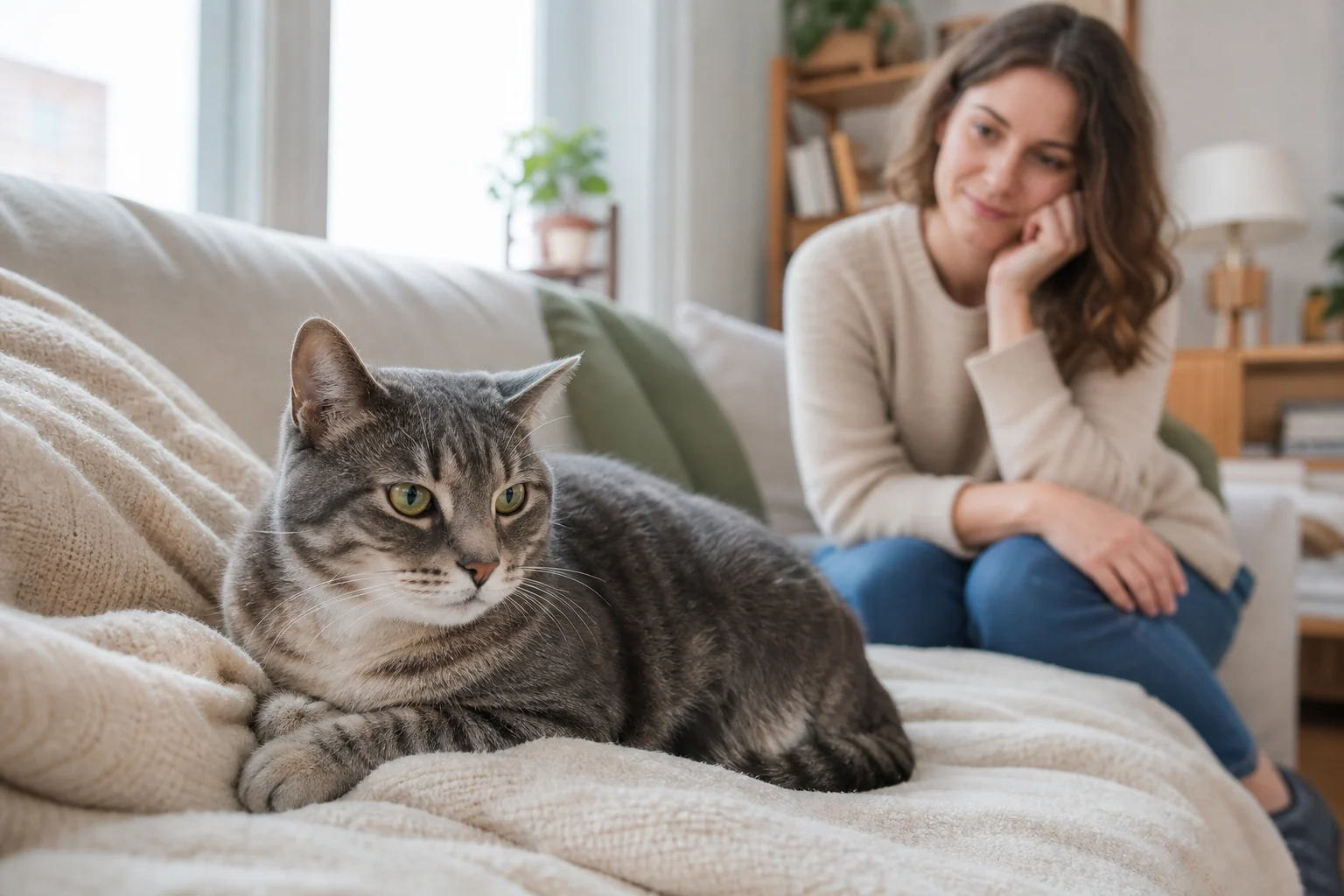 A calm tabby cat resting on a blanket while a cat parent watches for subtle signs of discomfort.