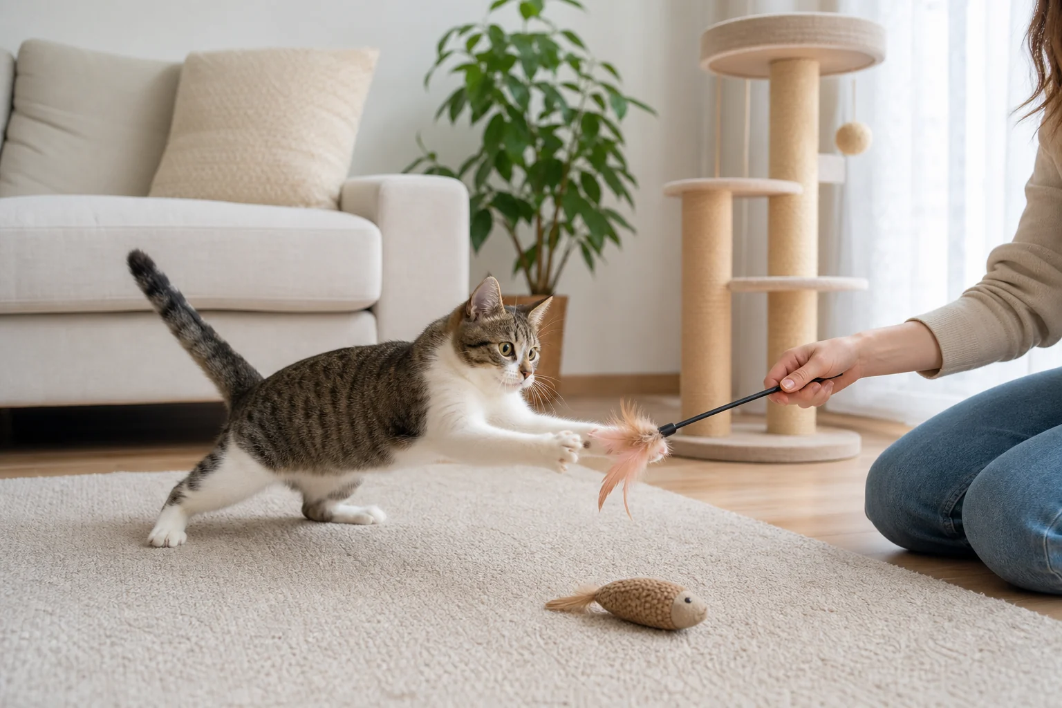 A cat plays with a feather wand toy held away from a person's hands in a bright living room.