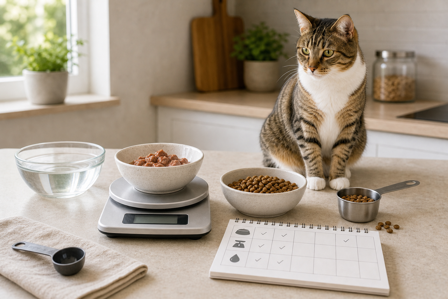 Measured wet and dry cat food portions with a kitchen scale and feeding log.