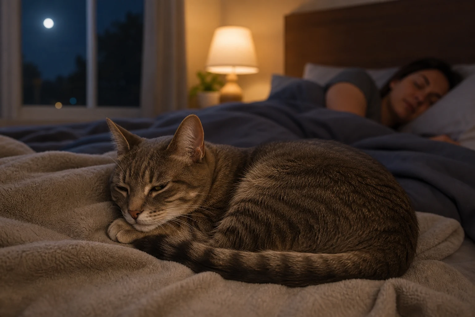 A relaxed tabby cat curled on a soft blanket at night in a calm bedroom.