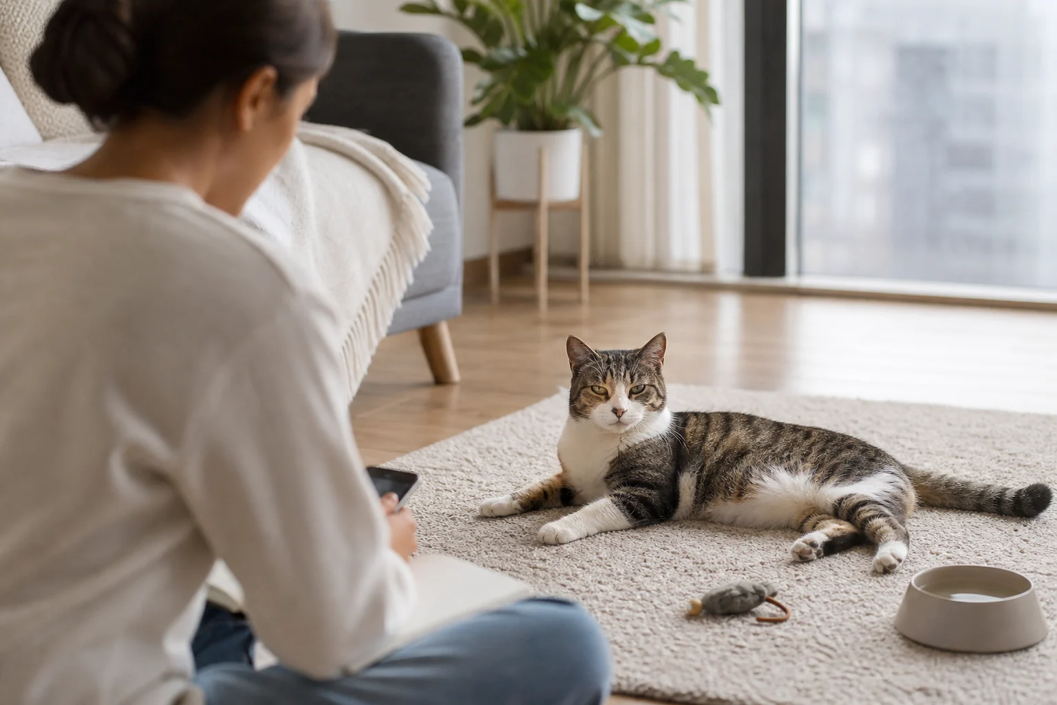 A cat parent calmly observes a relaxed cat lying on a rug with a toy and water bowl nearby.