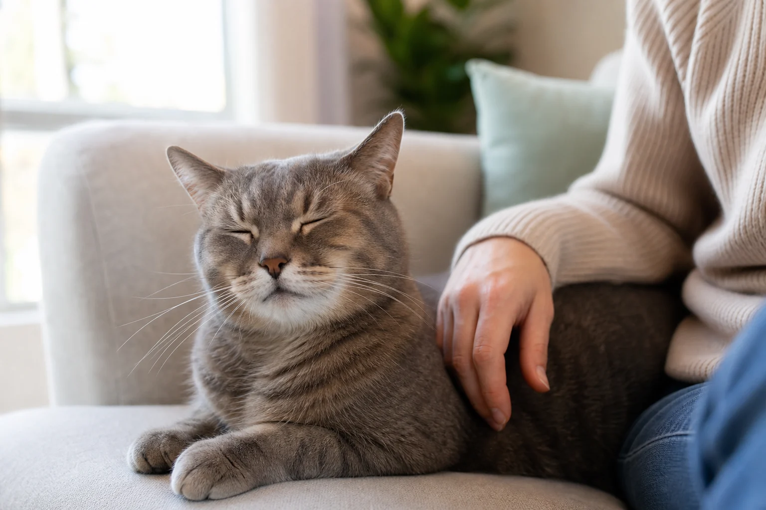 A relaxed gray cat purring on a sofa beside a calm cat parent in a bright living room.