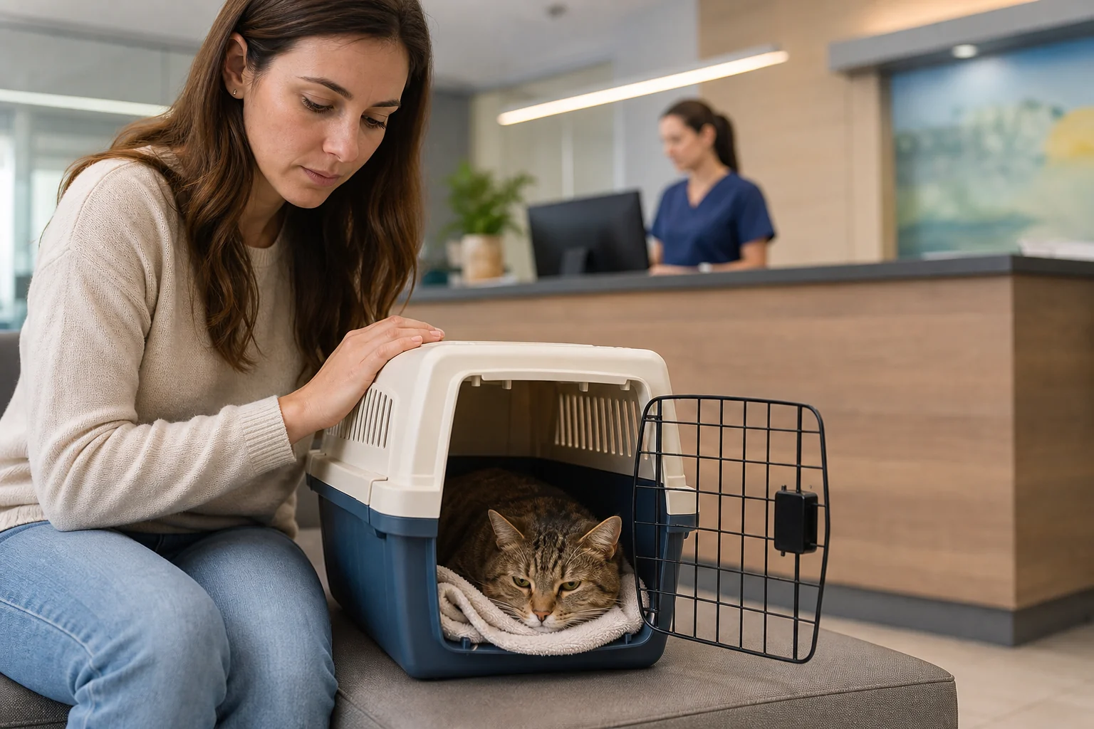 A cat rests quietly in an open carrier at a veterinary clinic while the owner watches closely.