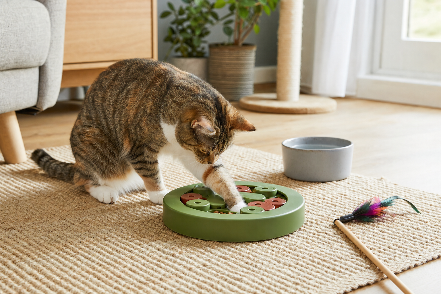Indoor cat calmly using a puzzle feeder on a living room floor after a meal.