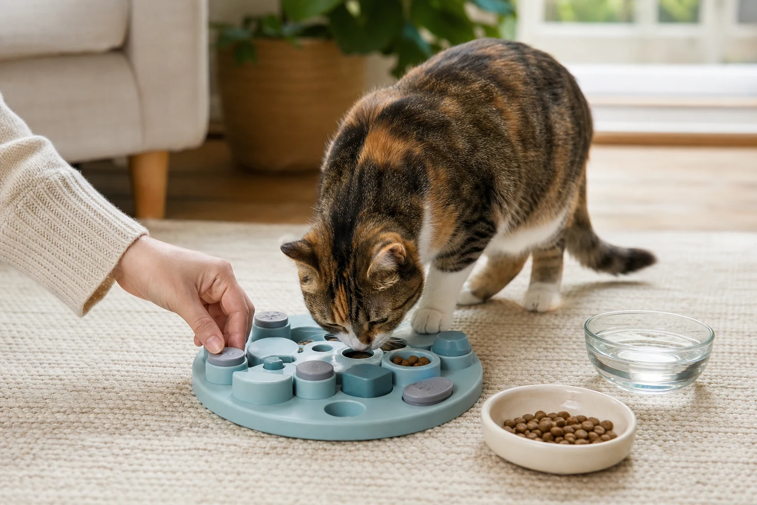 Healthy indoor cat using a puzzle feeder with small measured food portions on a living room floor.
