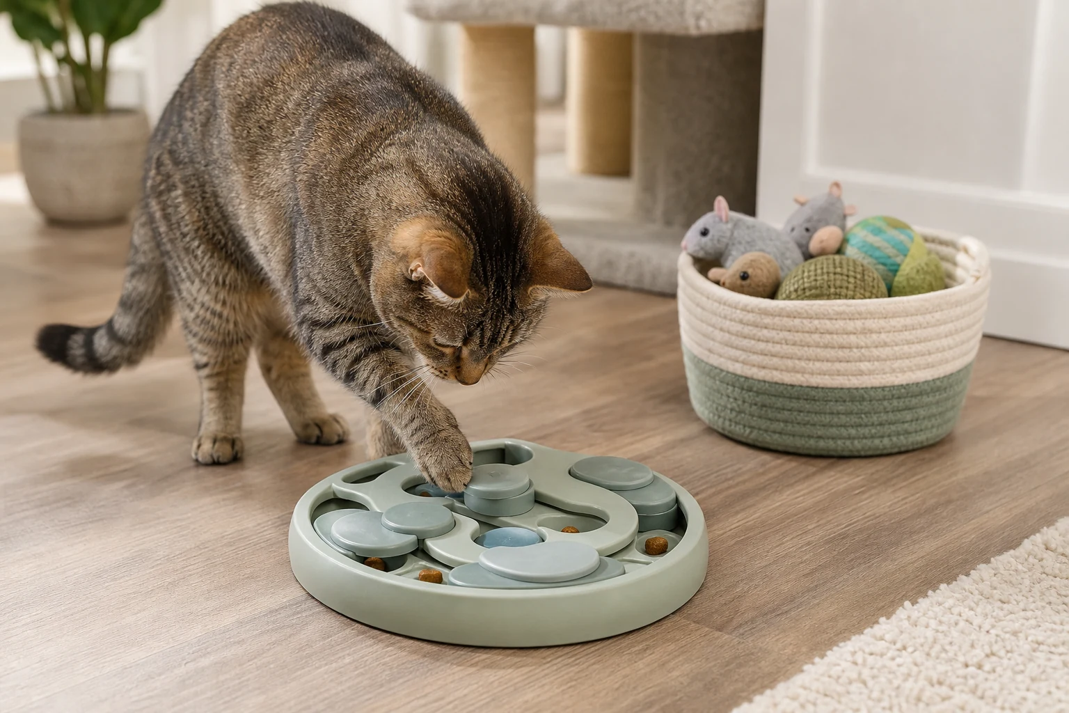 Indoor cat using a puzzle feeder beside a basket of safe solid toys
