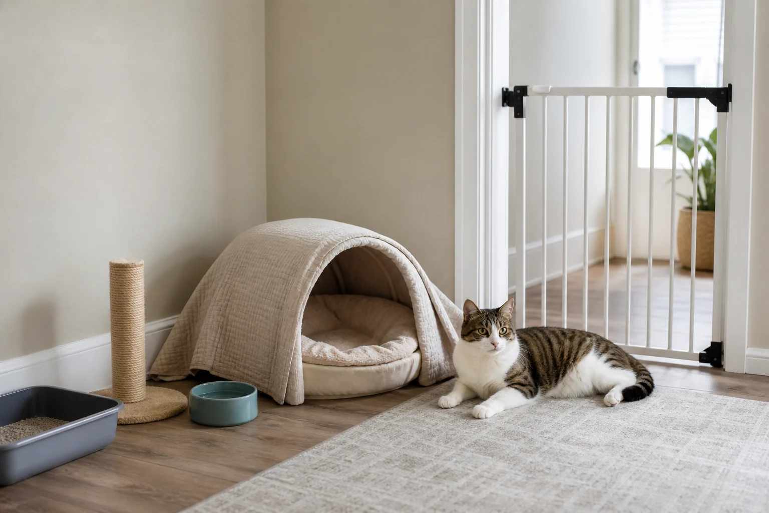 A cat resting near a quiet retreat with water, litter, scratching, and a doorway boundary.