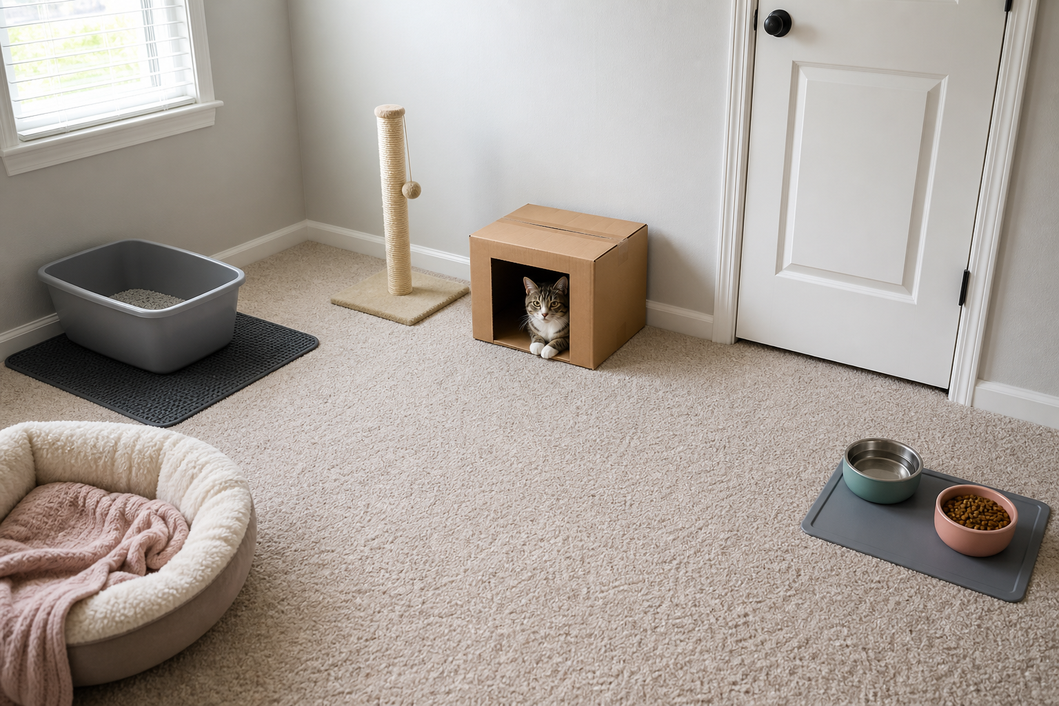 A quiet new-home safe room for a cat with a hiding box, bed, litter box, scratching post, water, and food set apart.