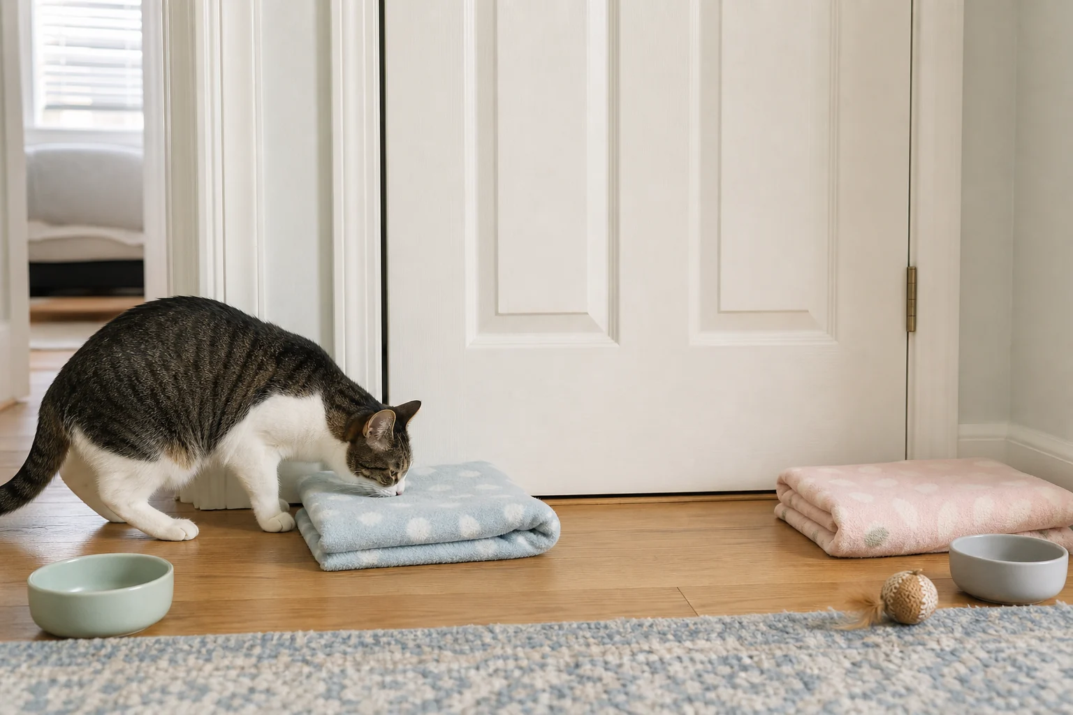 A cat sniffs a folded blanket beside a closed door during a scent swapping step before meeting another cat.