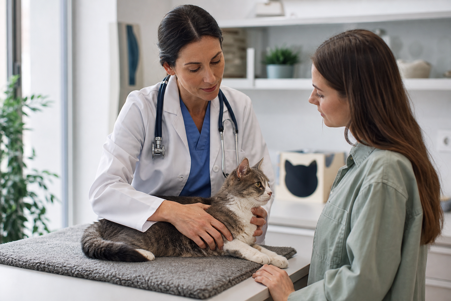 Veterinarian gently examining an adult cat while speaking with the cat parent.