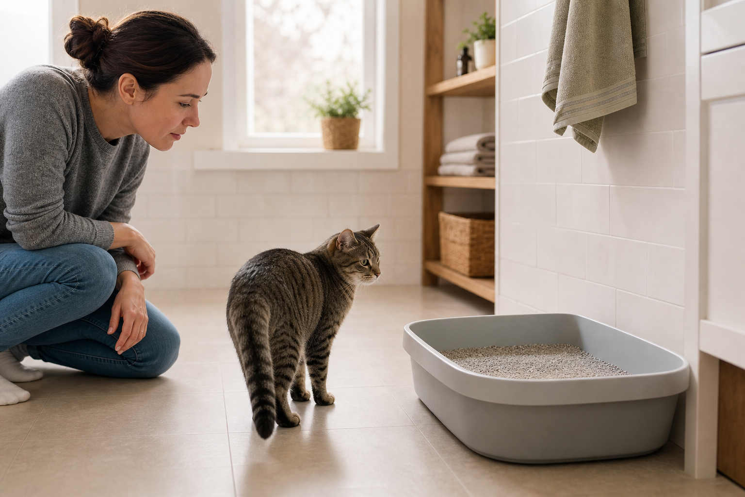 Concerned cat parent calmly observing an adult cat beside a clean open litter box.