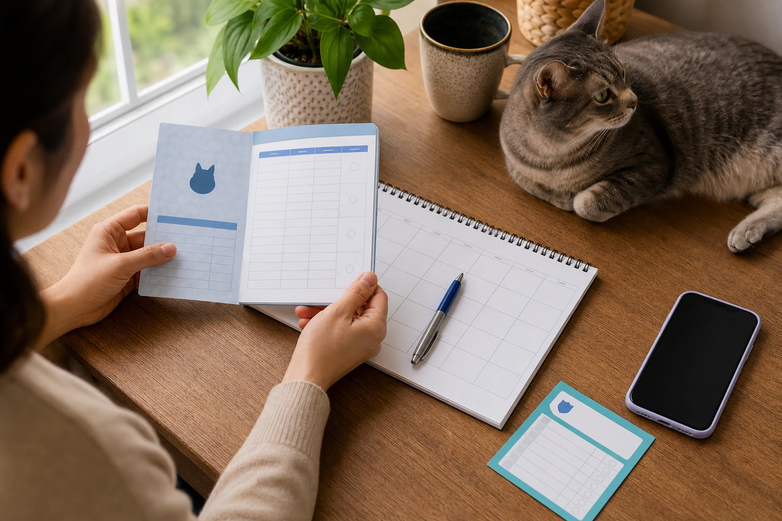 A cat vaccination record, calendar, and reminder setup beside a calm indoor cat.