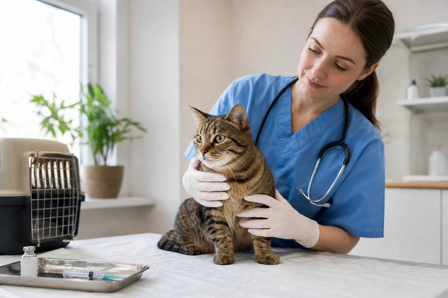 A calm tabby cat at a veterinary wellness visit while vaccine paperwork is reviewed.