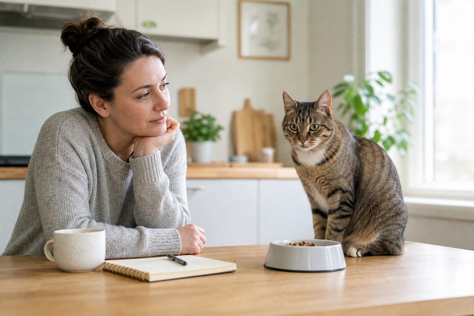 Concerned cat parent observing an alert cat beside its food bowl while recording health notes.