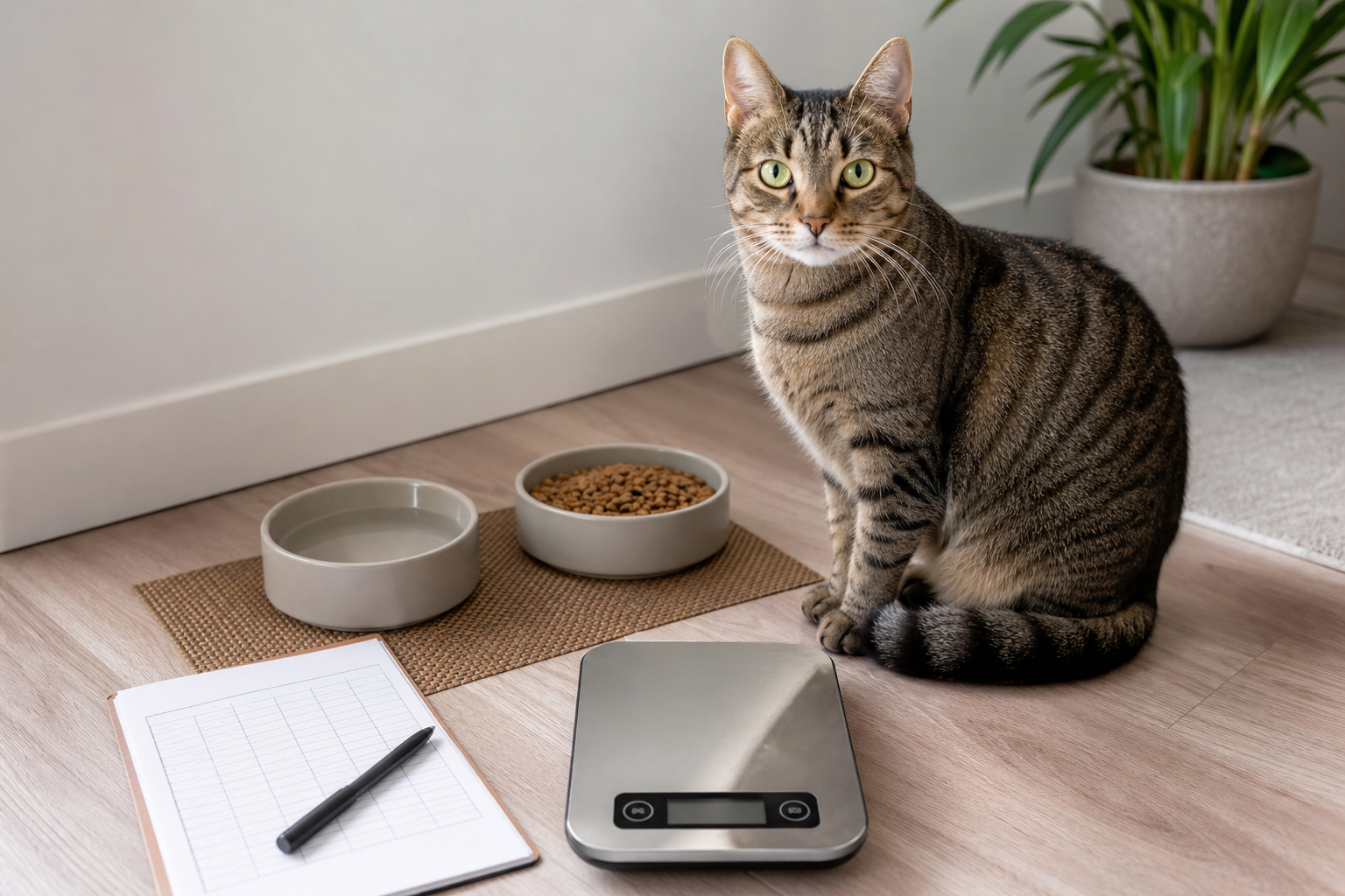 Alert cat beside food and water bowls, a scale, and a simple symptom-tracking sheet.