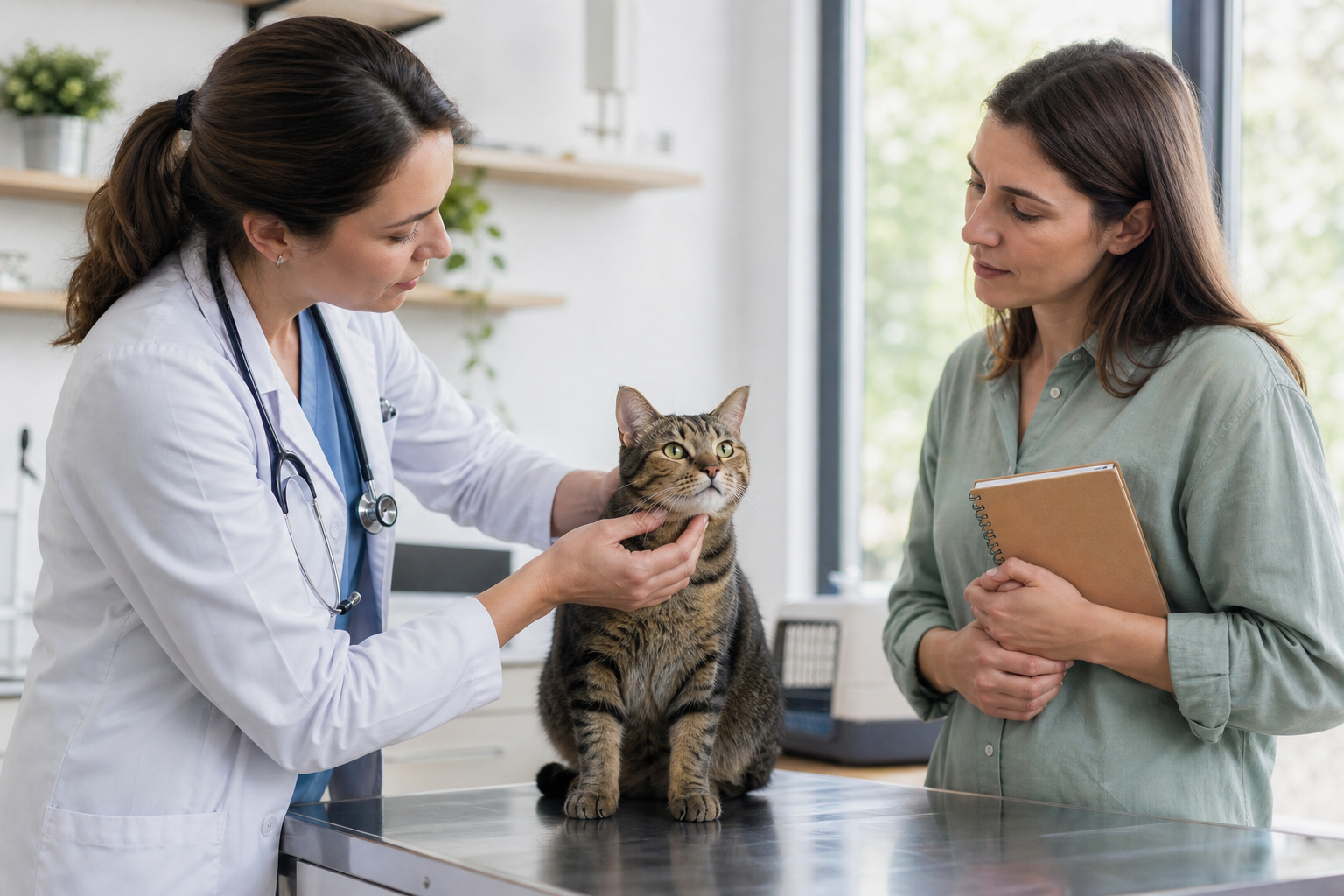 Veterinarian gently examining an alert cat while the cat parent shares notes.