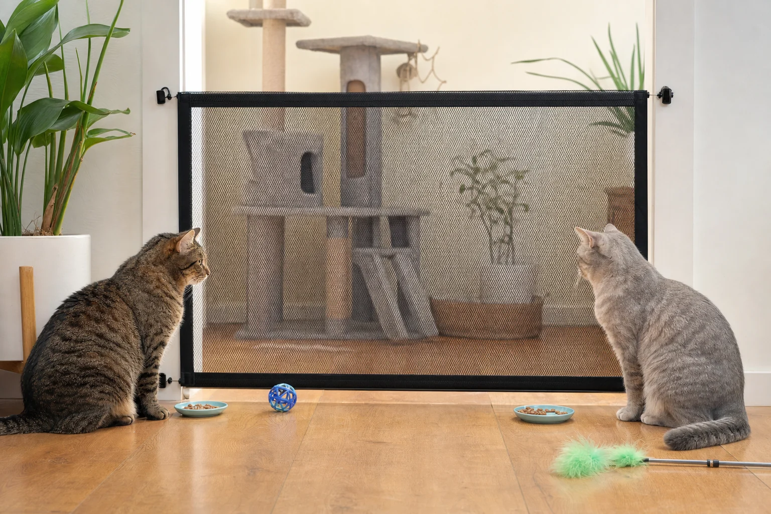 Two cats sit calmly on opposite sides of a mesh gate with treats and toys nearby during a supervised introduction.