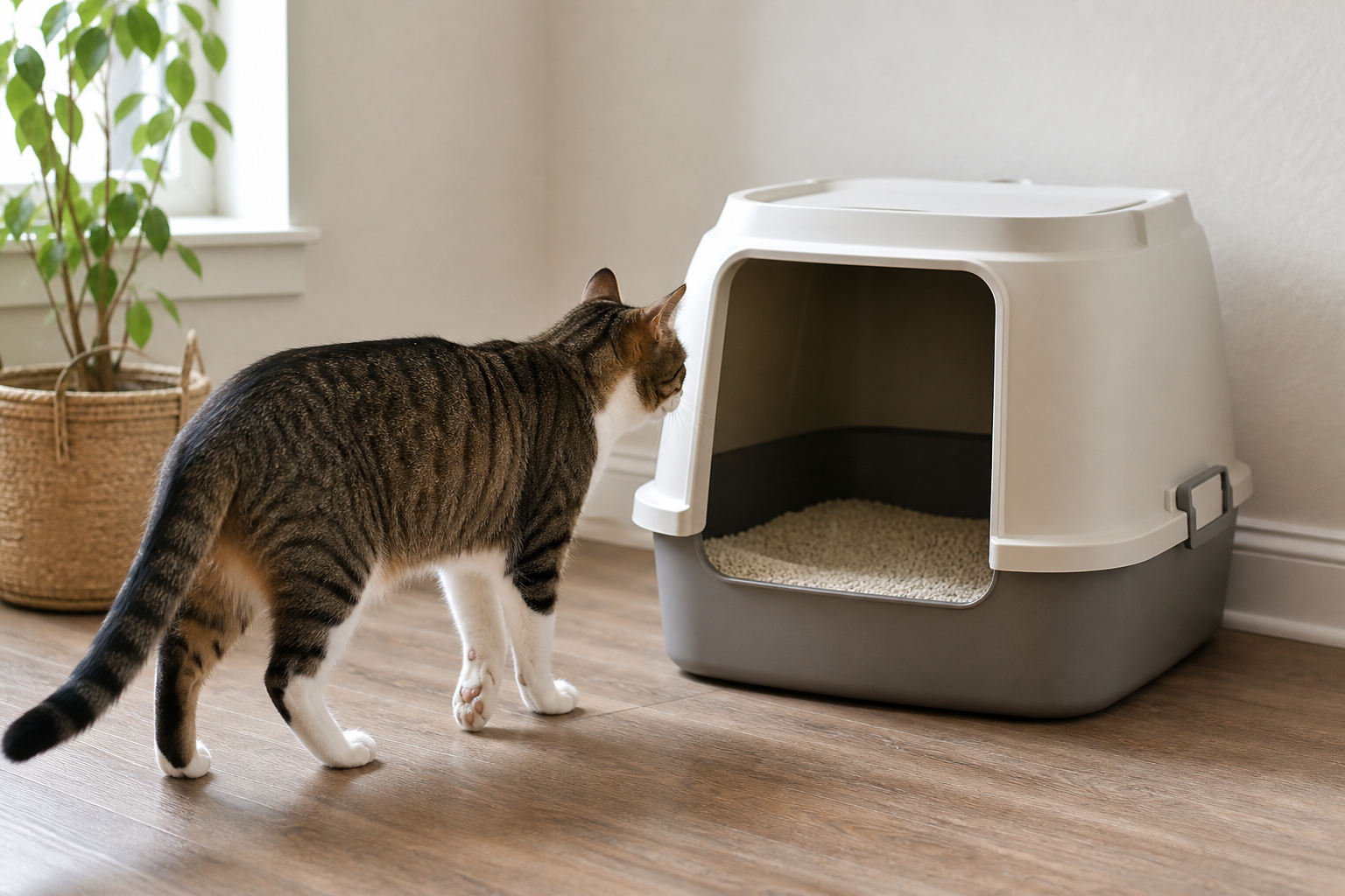 Cat approaching a roomy covered litter box with a wide flap-free entrance