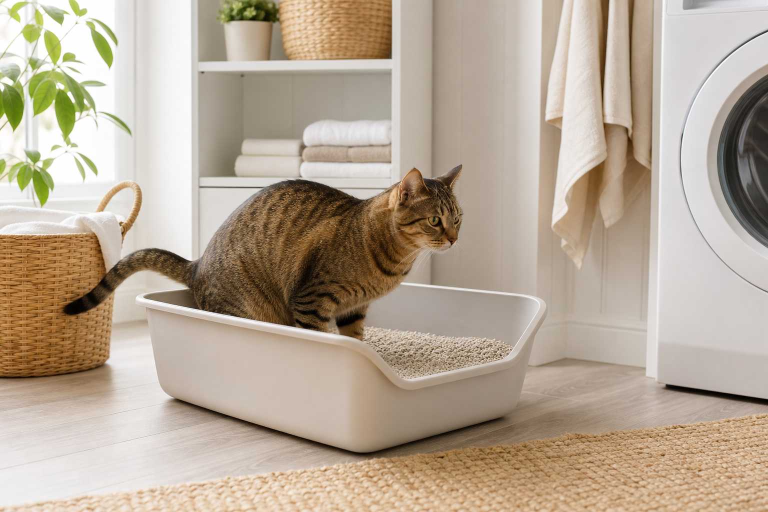 Tabby cat using a large clean uncovered litter box in a calm laundry room