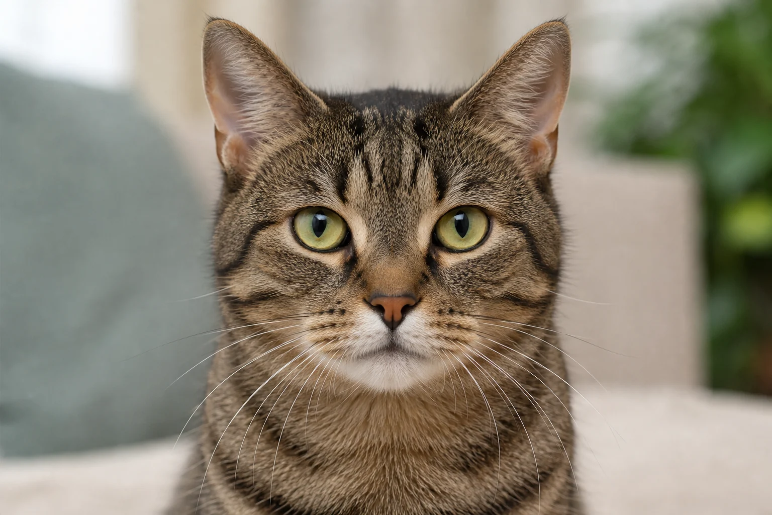 Close-up of a cat's face with ears, eyes, muzzle, whiskers, and head position clearly visible.