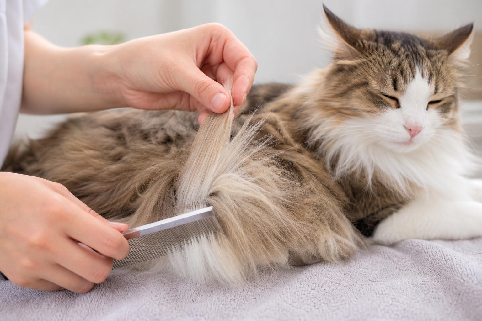 Person supporting long cat fur with one hand while combing from the tips upward