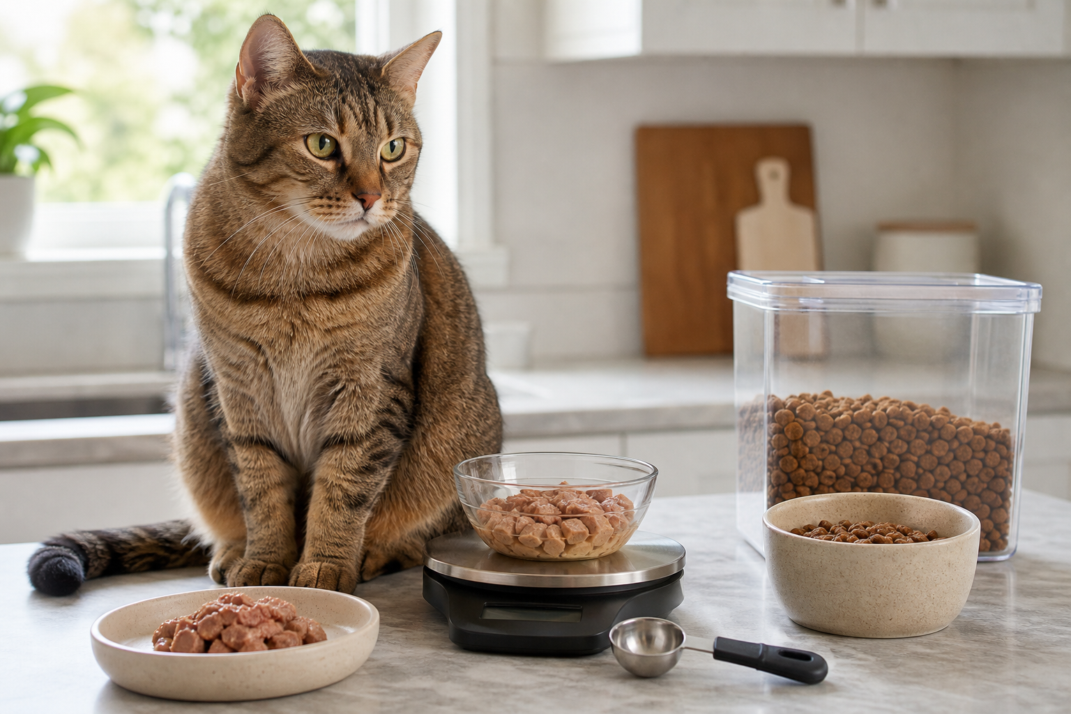 Adult tabby cat beside measured portions of wet and dry high-protein cat food on a kitchen counter.