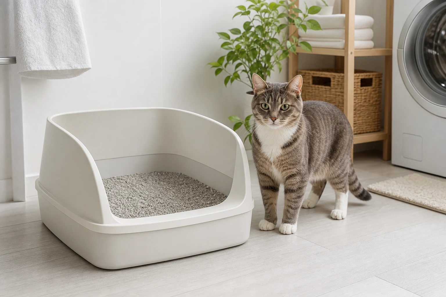 Tabby cat standing beside a clean open litter box filled with a moderate layer of unscented litter