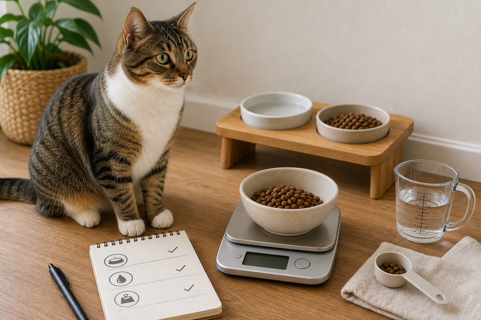 Tabby cat beside a measured bowl of kibble on a kitchen scale with a water bowl and feeding checklist.