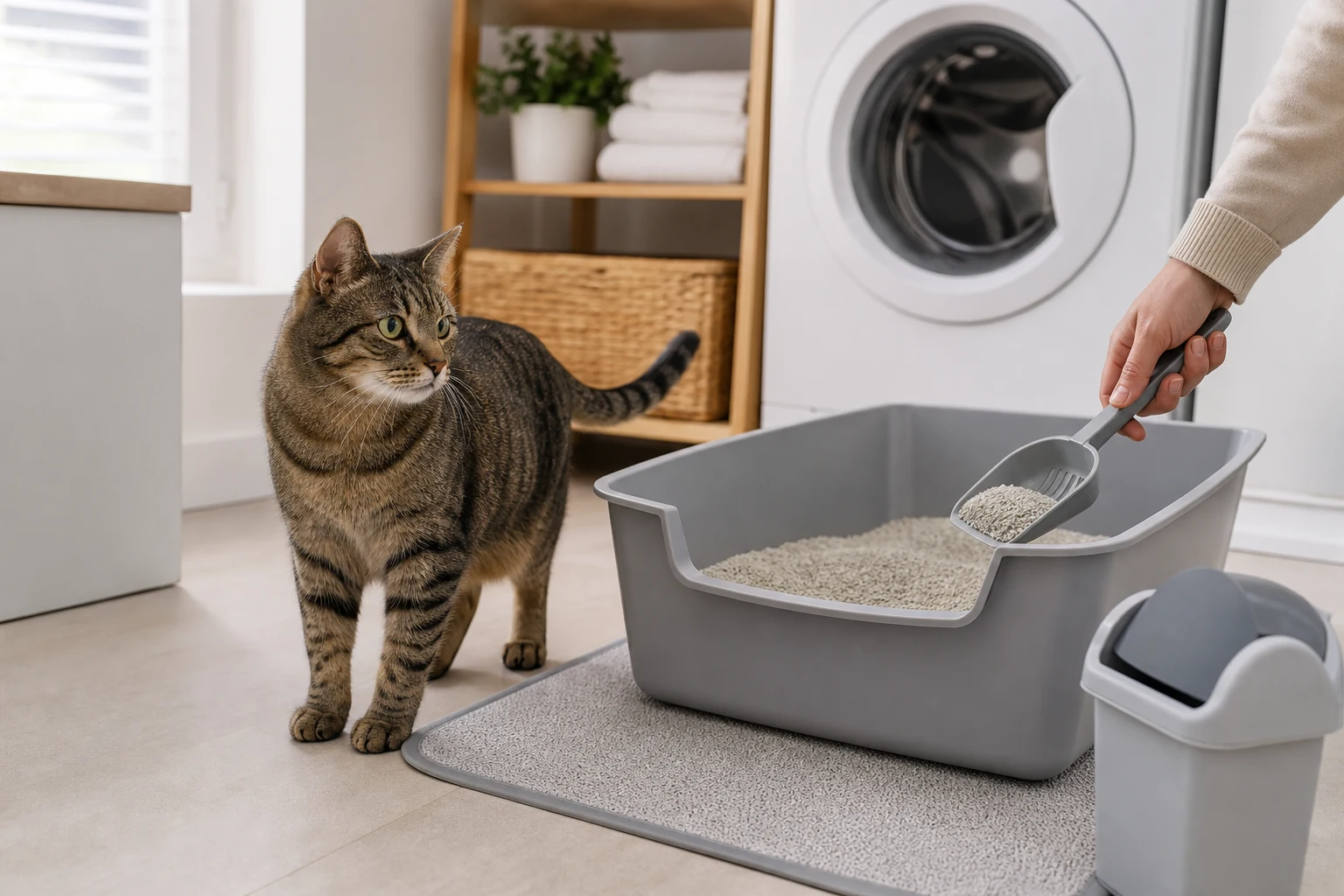 Relaxed tabby cat beside a clean litter box and a caregiver holding a scoop