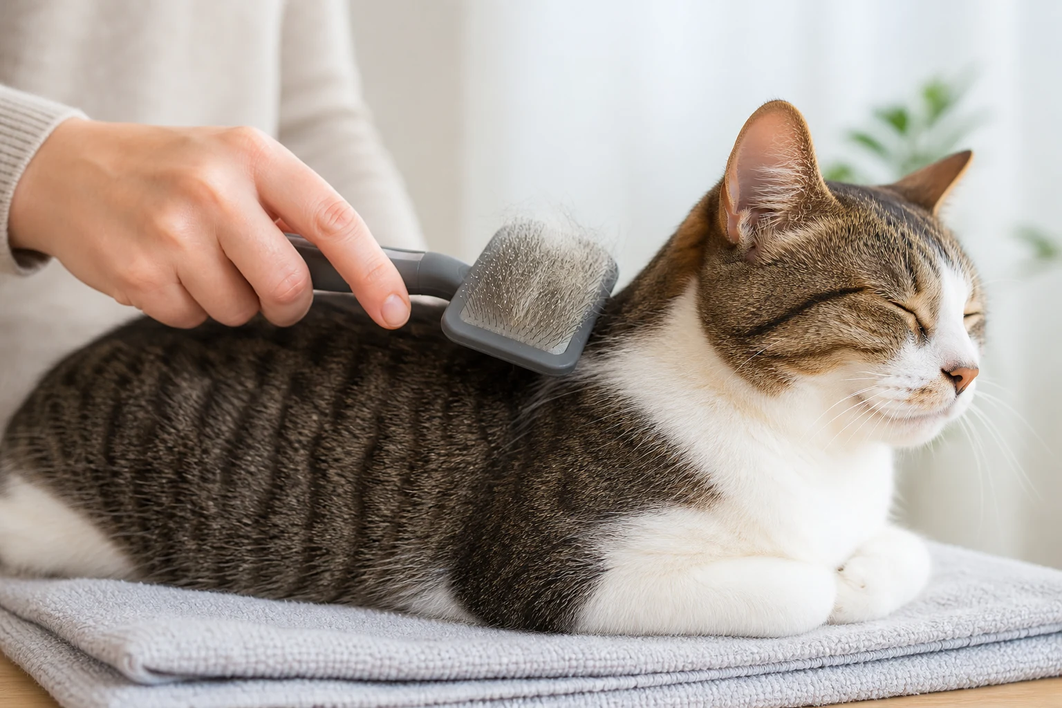 Relaxed shorthaired cat being gently brushed along the back