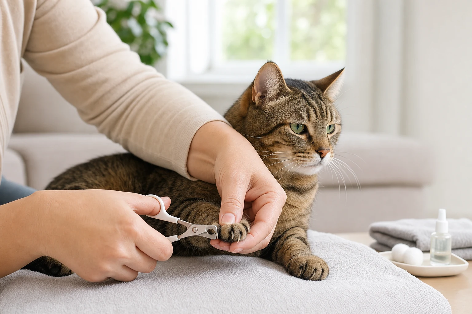 Relaxed tabby cat having one front claw gently trimmed at home
