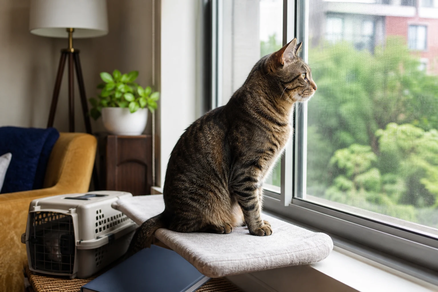 An indoor cat sitting safely at a screened sunny window with a carrier nearby.