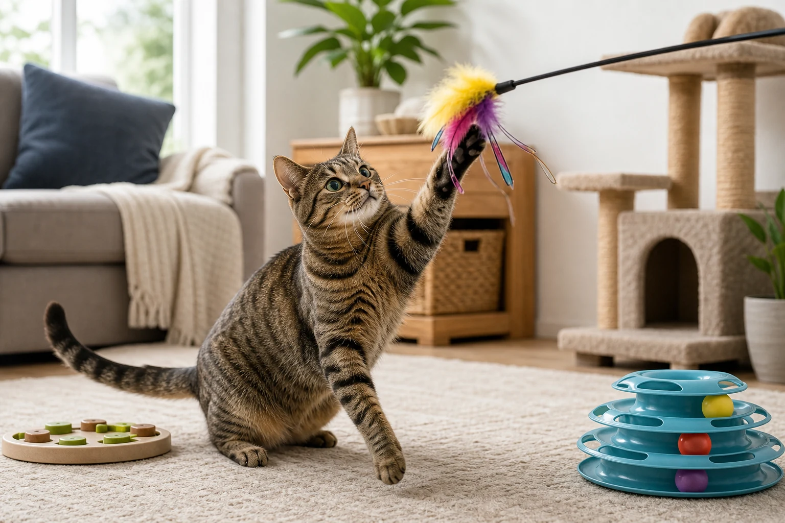 Indoor tabby cat playing with a feather wand near a puzzle feeder and ball-track toy