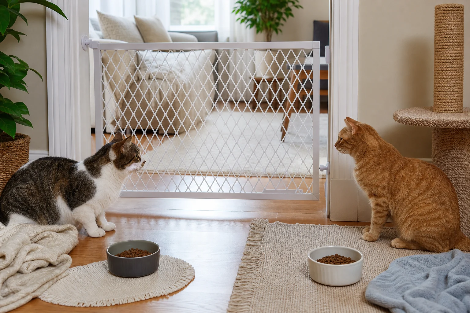 Two calm cats watch each other from opposite sides of a baby gate with food bowls set back from the barrier.