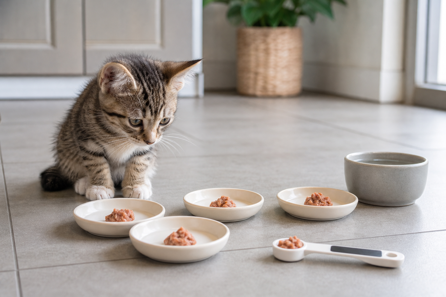 Kitten beside several small measured meals in shallow dishes with a measuring spoon nearby.